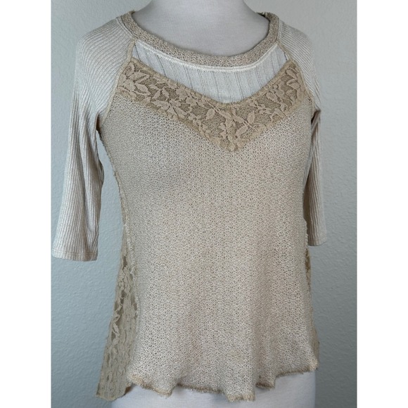 Free People Tops - We The Free Lace Inset Open‎ Knit Top XS Sheer Panel Boho Raw Hem Tunic